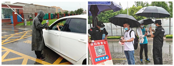 為確保雨天業(yè)達(dá)工業(yè)園廠區(qū)安全工作一切正常，全體保安員不懼風(fēng)雨，冒雨執(zhí)勤，做好疫情防控措施和入園檢查流程 (3)_副本